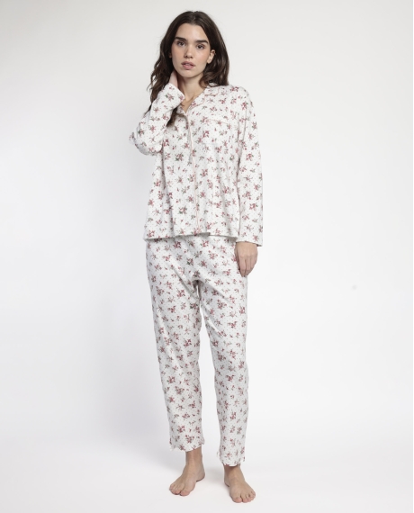 ADMAS CLASSIC Pijama Manga Larga Abierto Solapa Dots & Flowers para Mujer CORAL