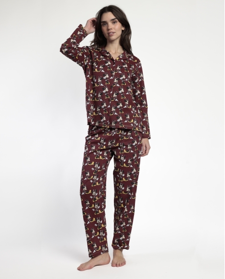 DISNEY Pijama Manga Larga Abierto Minnie Mouse para Mujer BURDEOS