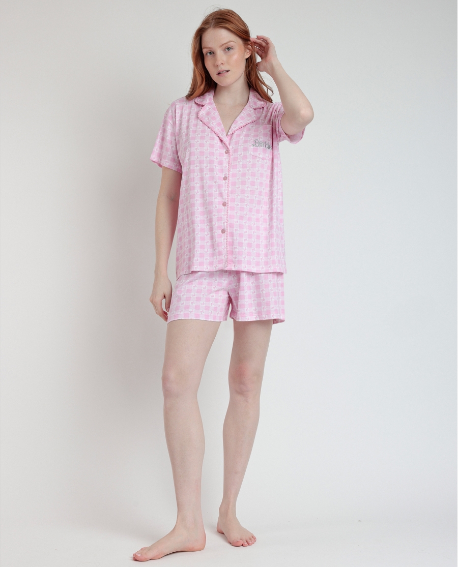 BARBIE Pijama Abierto Manga Corta Vichy World para Mujer ROSA
