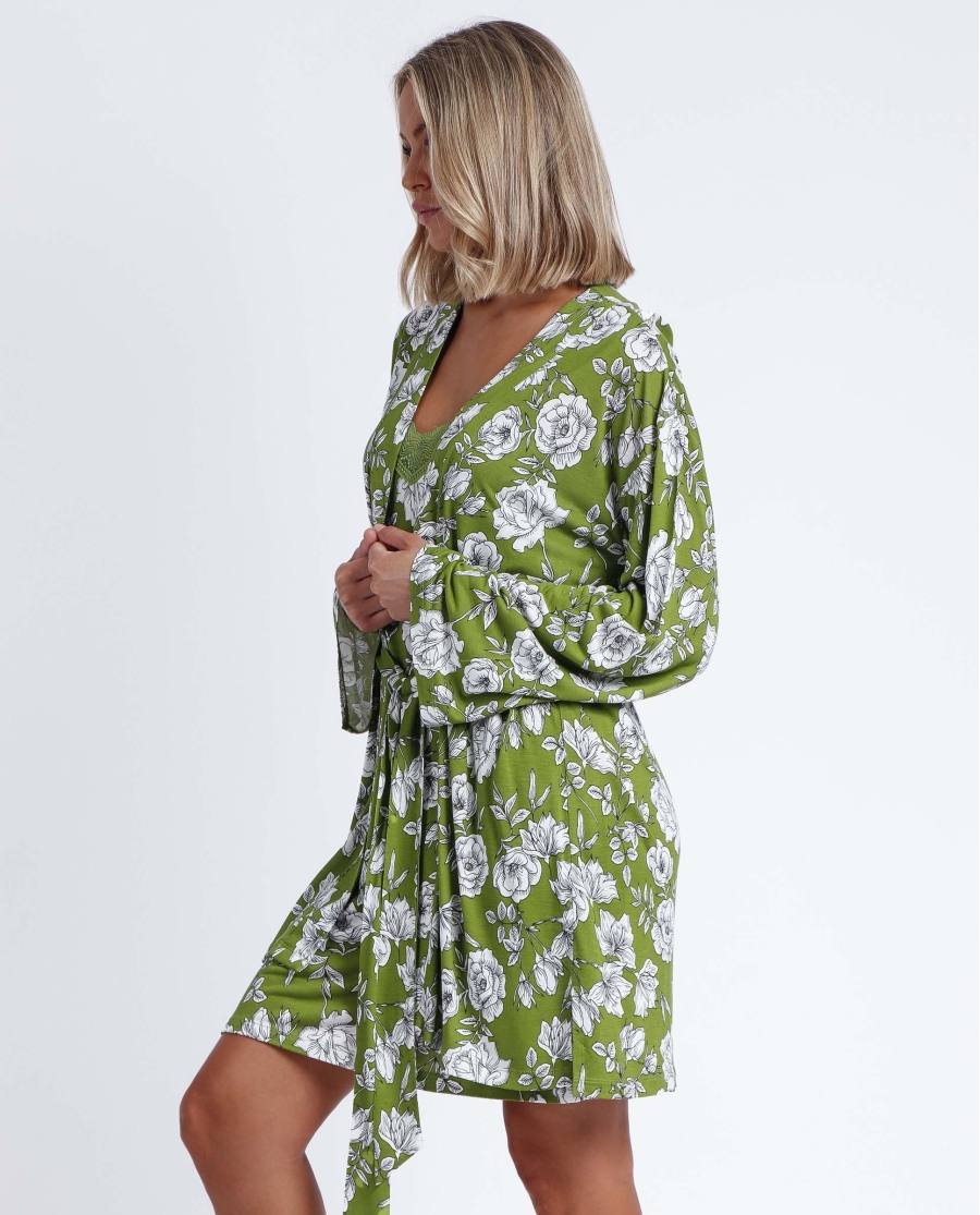 ADMAS GARDEN Bata Manga Larga Navy Flowers para Mujer HOJAS ADMAS GARDEN Bata Manga Larga Navy Flowers para Mujer HOJAS