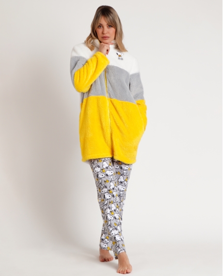 PEANUTS Bata Manga Larga Calentita Franjas Snoopy Funny para Mujer AMARILLO