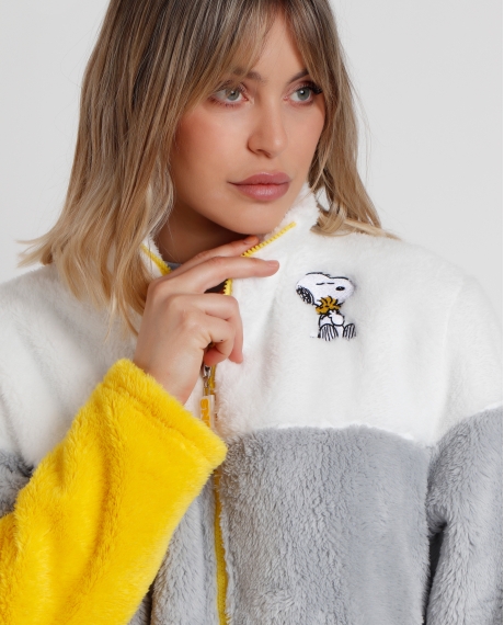 PEANUTS Bata Manga Larga Calentita Franjas Snoopy Funny para Mujer AMARILLO 2