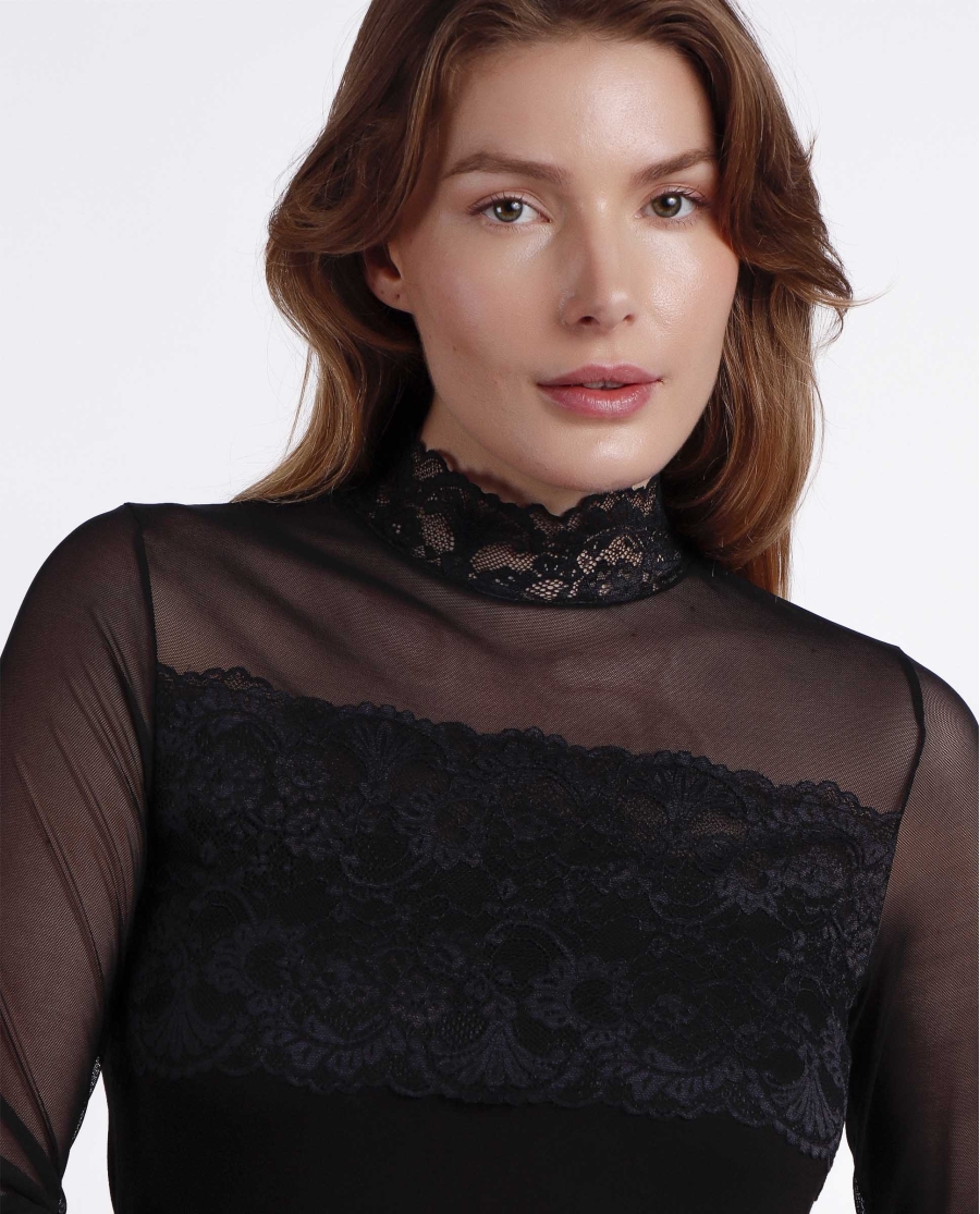 ADMAS Camiseta Manga Larga Tul y Puntilla para Mujer NEGRO