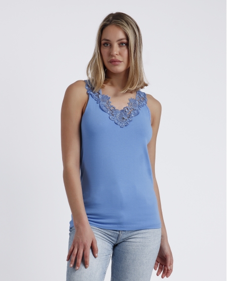 ADMAS Camiseta Sin Mangas Escote Guipur para Mujer AZULON
