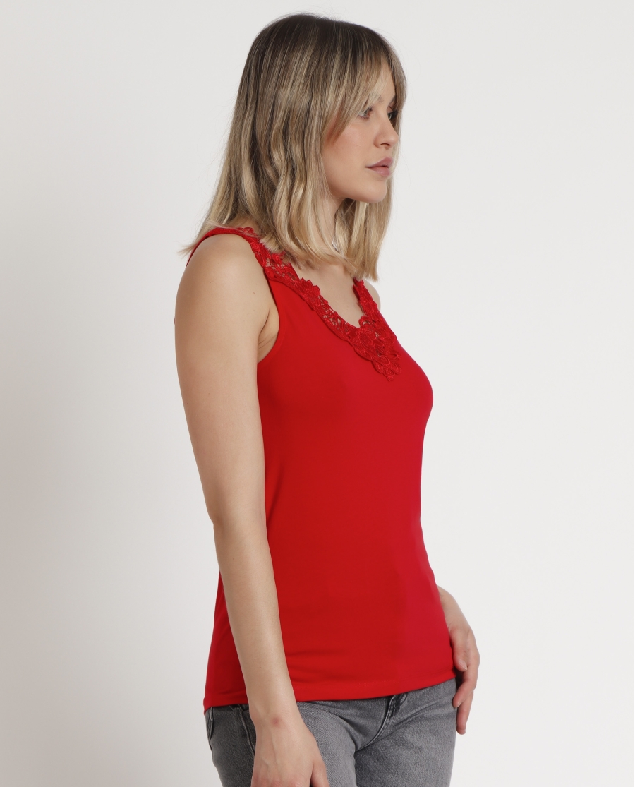 ADMAS Camiseta Sin Mangas Escote Guipur para Mujer ROJO