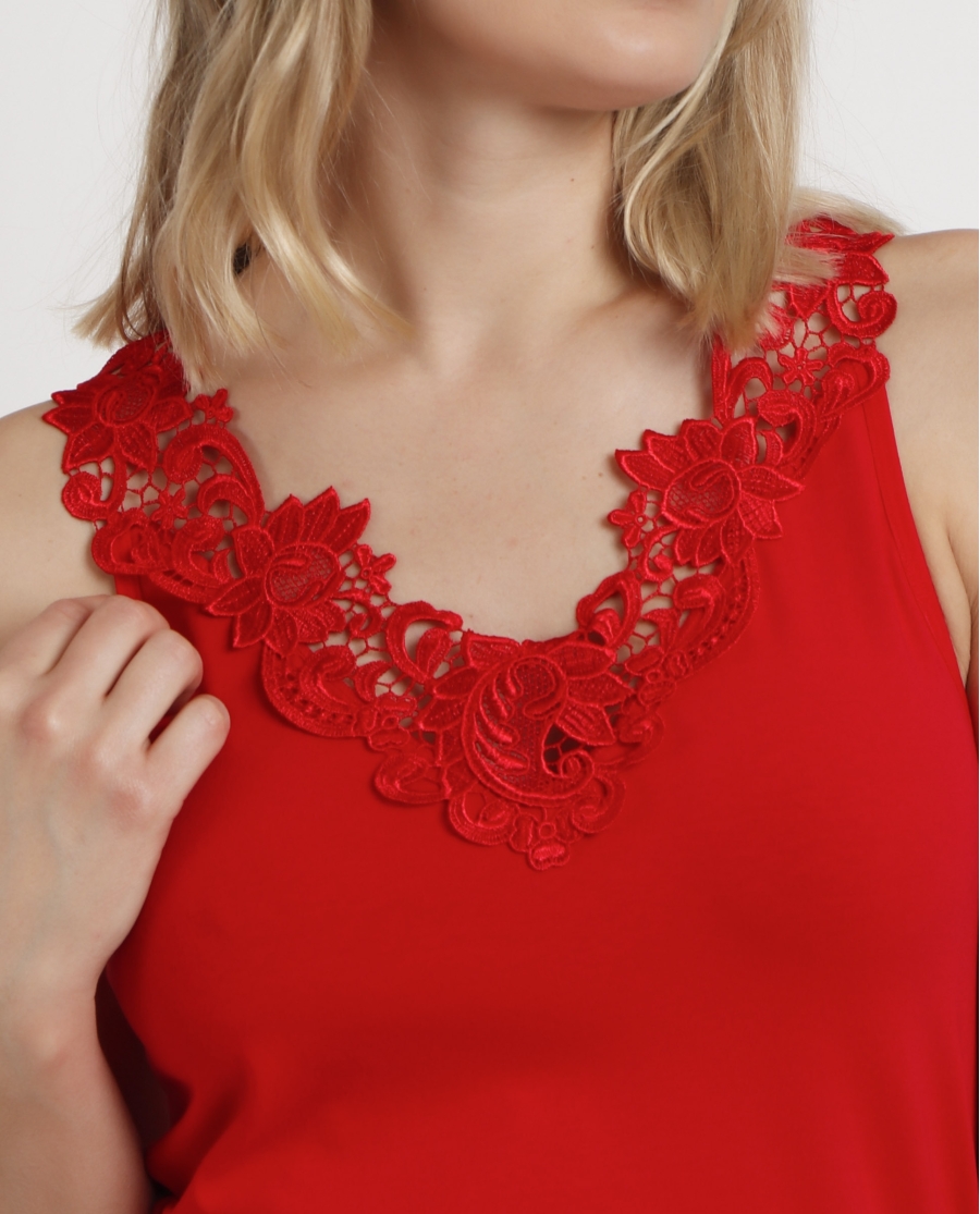 ADMAS Camiseta Sin Mangas Escote Guipur para Mujer ROJO