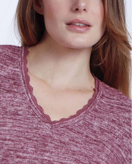 ADMAS Camiseta Manga Larga Calentita Puntilla para Mujer BURDEOS 2
