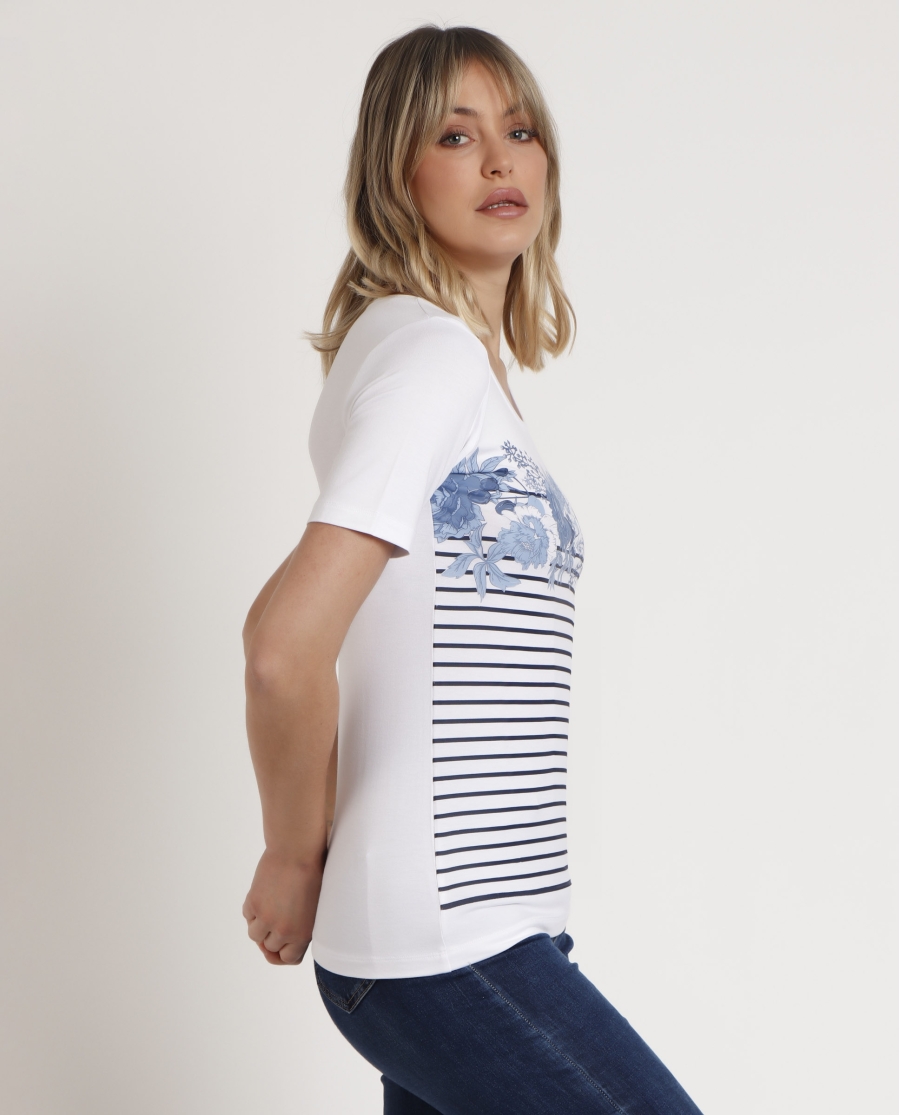 ADMAS Camiseta Manga Corta Rayas Flores para Mujer BLANCO