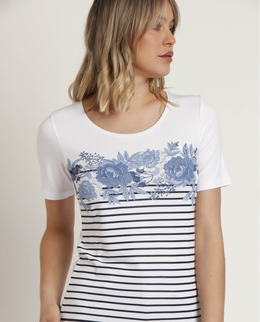 ADMAS Camiseta Manga Corta Rayas Flores para Mujer BLANCO