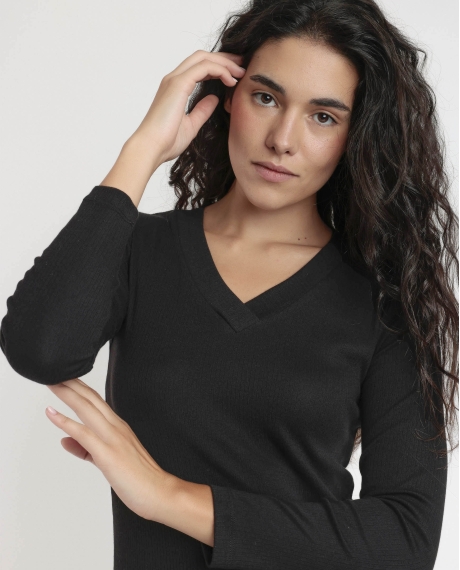 ADMAS Camiseta Manga Larga Cuello Pico para Mujer NEGRO 2