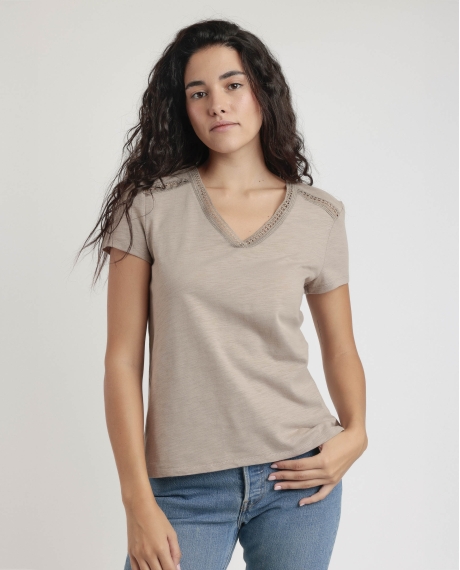 ADMAS Camiseta Manga Corta Slub Entredos para Mujer ARENA