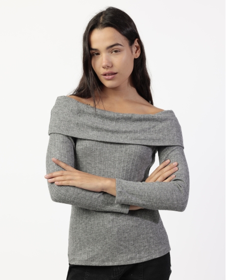 ADMAS Camiseta Manga Larga Bandeau Melange para Mujer GRIS JASPE