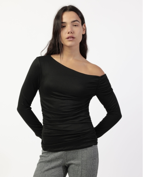 ADMAS Camiseta Manga Larga Escote Asimétrico Frunces para Mujer NEGRO