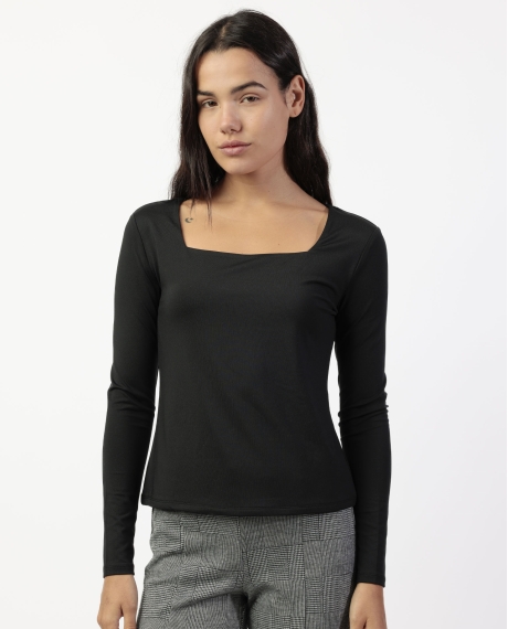 ADMAS Camiseta Manga Larga Escote Cuadrado para Mujer NEGRO
