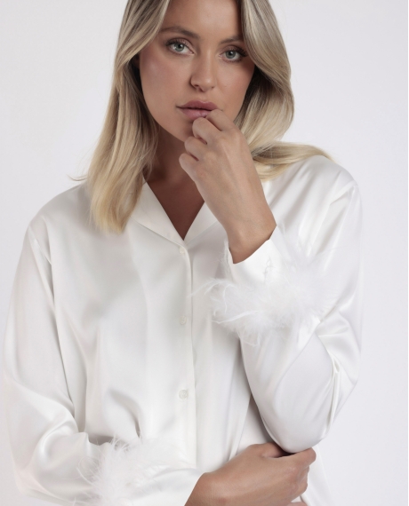 ADMAS LUXURY Pijama Abierto Manga Larga Plumas Marabu Luxe para Mujer BLANCO 2