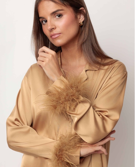 ADMAS LUXURY Pijama Abierto Manga Larga Plumas Marabu Luxe para Mujer ORO 2