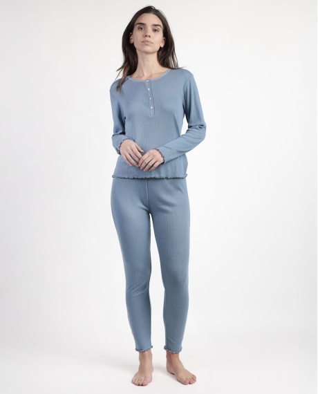 ADMAS HOME Pijama Manga Larga Tapeta Soft Canalé para Mujer AZUL