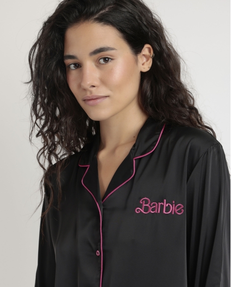 BARBIE Pijama Abierto Manga Larga Satin Barbie Vintage para Mujer NEGRO 2