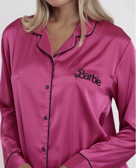 BARBIE Pijama Abierto Manga Larga Satin Barbie Vintage para Mujer FUCSIA 2