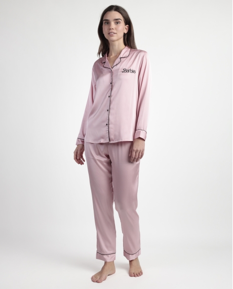 BARBIE Pijama Abierto Manga Larga Satin Barbie Vintage para Mujer ROSA