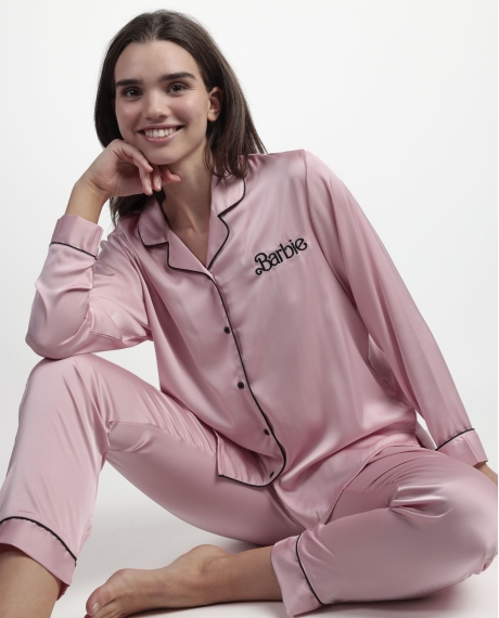 BARBIE Pijama Abierto Manga Larga Satin Barbie Vintage para Mujer ROSA 2