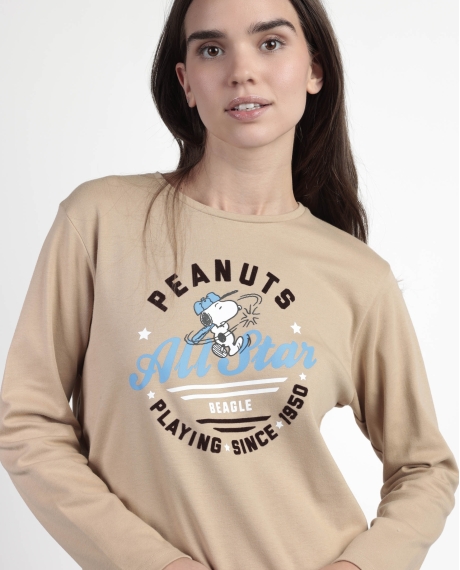 PEANUTS Pijama Manga Larga Varsity Squad para Mujer CAMEL 2