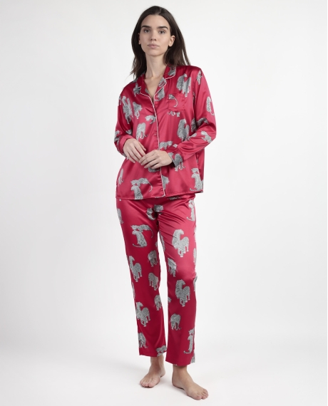 ADMAS LUXURY Pijama Manga Larga Abierto Satinado Jungle Fever para Mujer FUCSIA