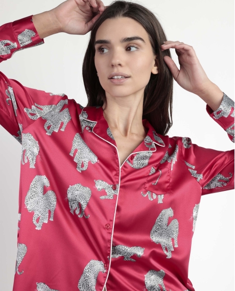 ADMAS LUXURY Pijama Manga Larga Abierto Satinado Jungle Fever para Mujer FUCSIA 2