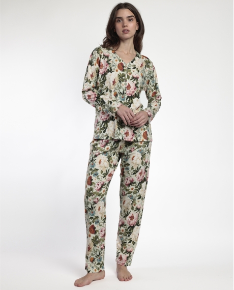 ADMAS GARDEN Pijama Manga Larga Abierto Cretona para Mujer PIEDRA