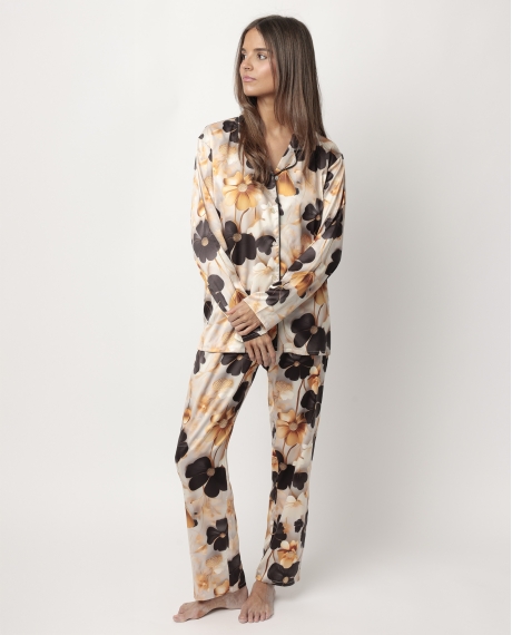 ADMAS LUXURY Pijama Manga Larga Abierto Satinado Luxury Flowers para Mujer ORO