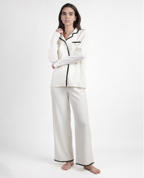 ADMAS LUXURY Pijama Manga Larga Abierto Stitching para Mujer CRUDO