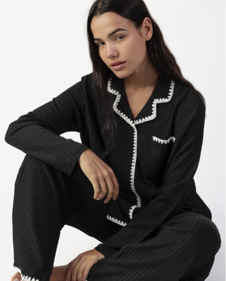 ADMAS LUXURY Pijama Manga Larga Abierto Stitching para Mujer NEGRO 2
