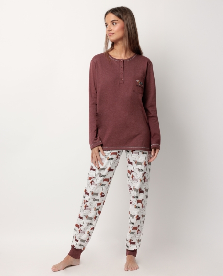 ADMAS Pijama Manga Larga Tapeta Dog Home para Mujer MARRON