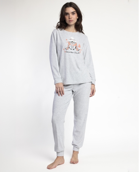 ADMAS Pijama Manga Larga Terciopelo Winter Owl para Mujer GRIS JASPE