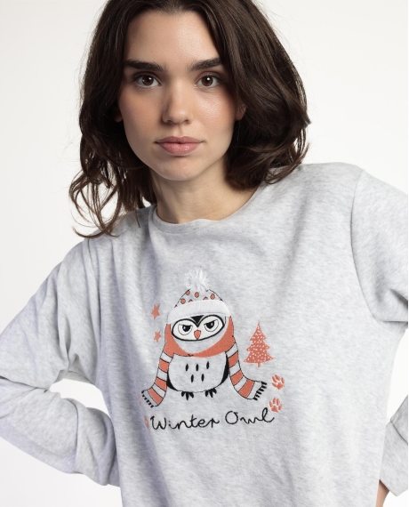 ADMAS Pijama Manga Larga Terciopelo Winter Owl para Mujer GRIS JASPE 2