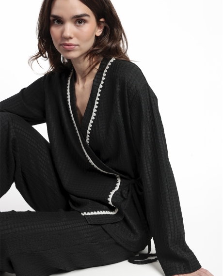 ADMAS LUXURY Pijama Manga Larga Abierto Cruzado Stitching para Mujer NEGRO 2