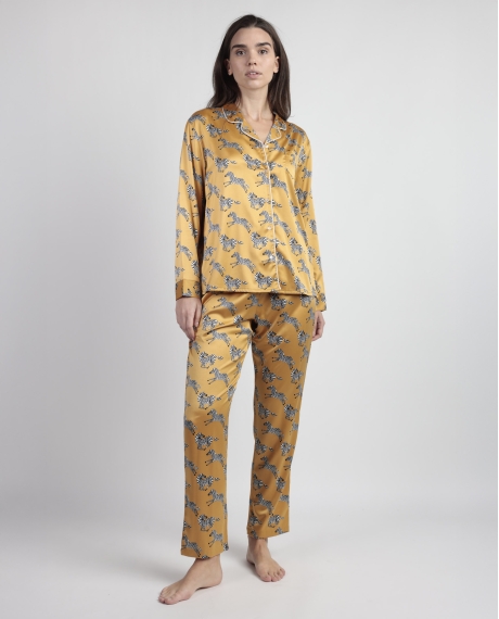 ADMAS LUXURY Pijama Manga Larga Abierto Satinado Zebra Gold para Mujer OCRE