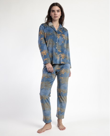 ADMAS LUXURY Pijama Manga Larga Abierto Terciopelo Jungle Fever para Mujer AZUL