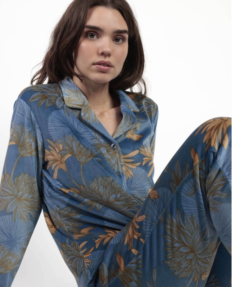 ADMAS LUXURY Pijama Manga Larga Abierto Terciopelo Jungle Fever para Mujer AZUL 2
