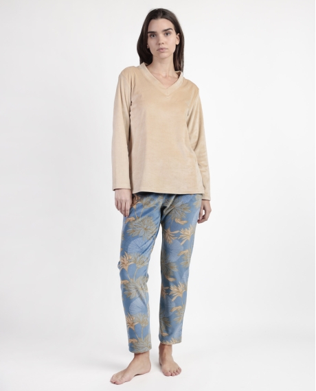 ADMAS LUXURY Pijama Manga Larga Terciopelo Jungle Fever para Mujer CAMEL