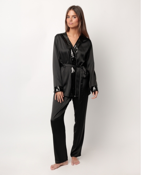 ADMAS LUXURY Pijama Manga Larga Satinado Cruzado Glam Luxe para Mujer NEGRO
