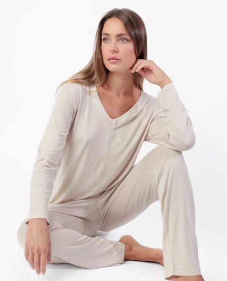 ADMAS LUXURY Pijama Manga Larga Luxury Lisos para Mujer CAVA 2
