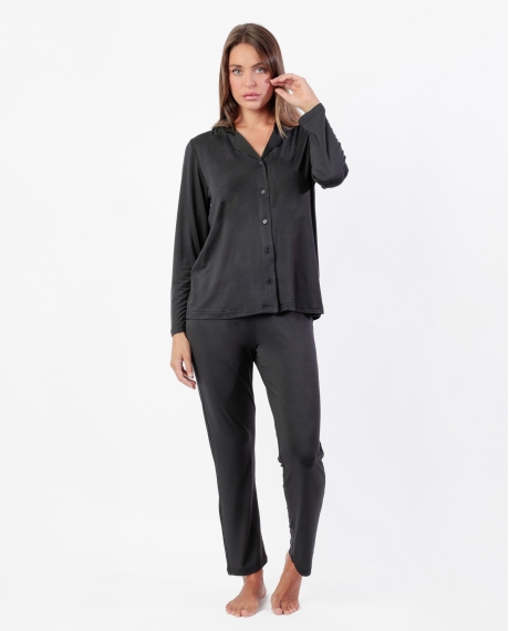 ADMAS LUXURY Pijama Manga Larga Abierto Luxury Lisos para Mujer NEGRO
