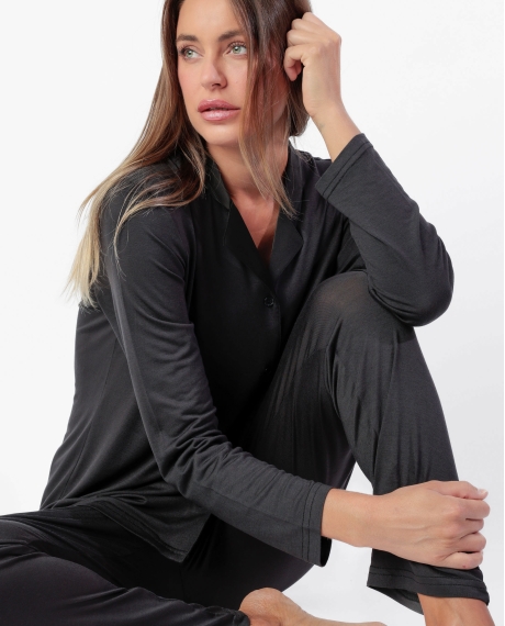 ADMAS LUXURY Pijama Manga Larga Abierto Luxury Lisos para Mujer NEGRO 2