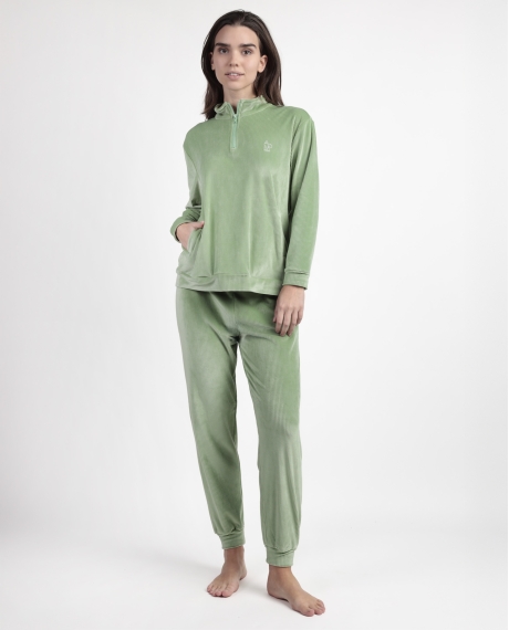 ADMAS HOME Pijama Manga Larga Terciopelo Cremallera Adm Home para Mujer VERDE