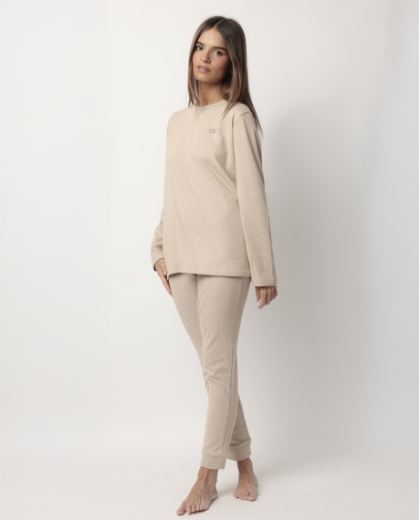 ADMAS HOME Pijama Manga Larga Canalé Supersoft para Mujer CAMEL