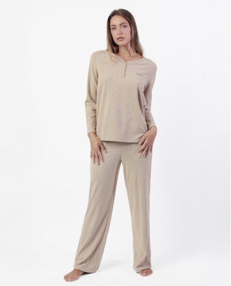 ADMAS HOME Pijama Manga Larga Tapeta Canalé Supersoft para Mujer CAMEL