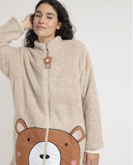 ADMAS Bata Manga Larga Calentita Family Bear Cremallera para Mujer BEIGE 2