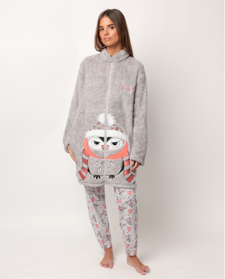ADMAS Bata Manga Larga Calentita Winter Owl para Mujer GRIS JASPE