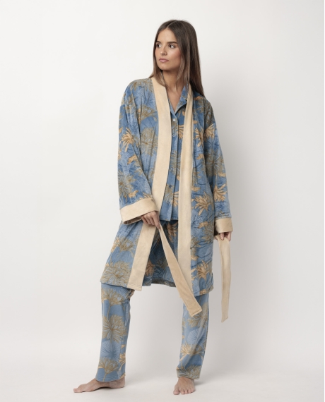 ADMAS LUXURY Bata Manga Larga Terciopelo Jungle Fever para Mujer AZUL